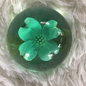 Lucite Paperweight Blue Dogwood Flower Half Circle Signed W Rolfe